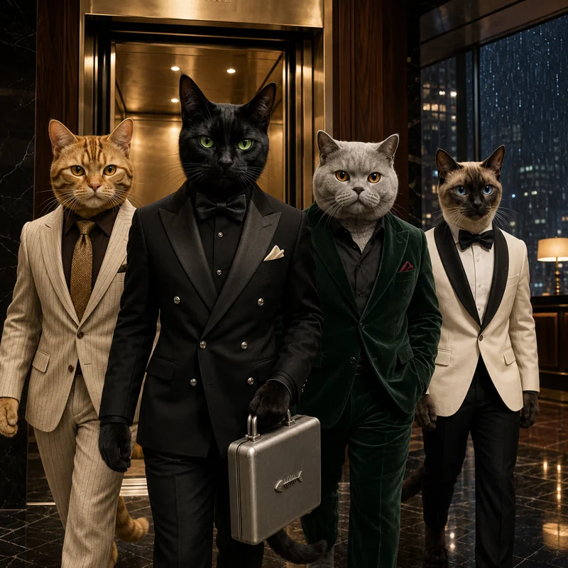 The four FURMAL partners in tailored suits stepping out of a brass elevator: a tabby in cream pinstripe, a black cat carrying the silver case, a grey shorthair in green velvet, and a Siamese in an ivory dinner jacket.